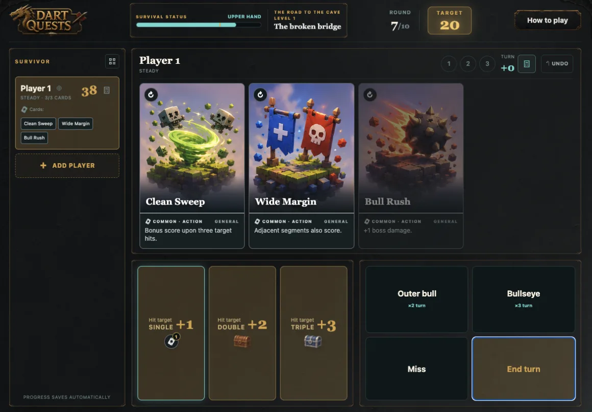Actual Campaign screen: target 20 above, action cards in the middle, hit-entry controls below