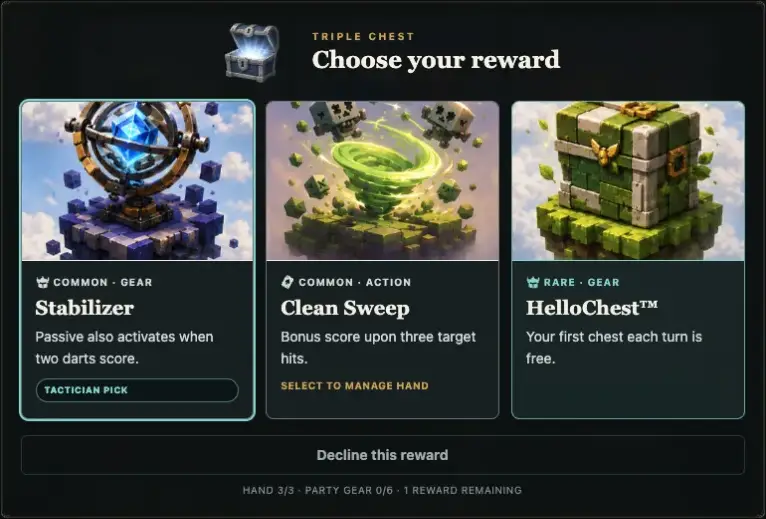 Actual Triple chest choice: Stabilizer gear, Clean Sweep card, or HelloChest gear