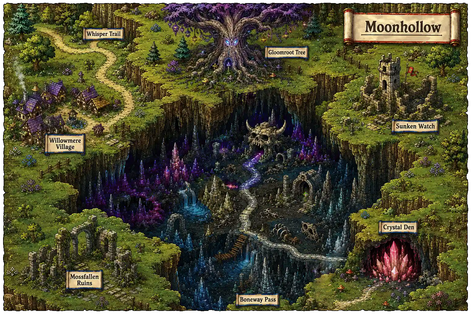 Moonhollow map, from wooded paths and settlements to caves, snowy mountains and the Crystal Den